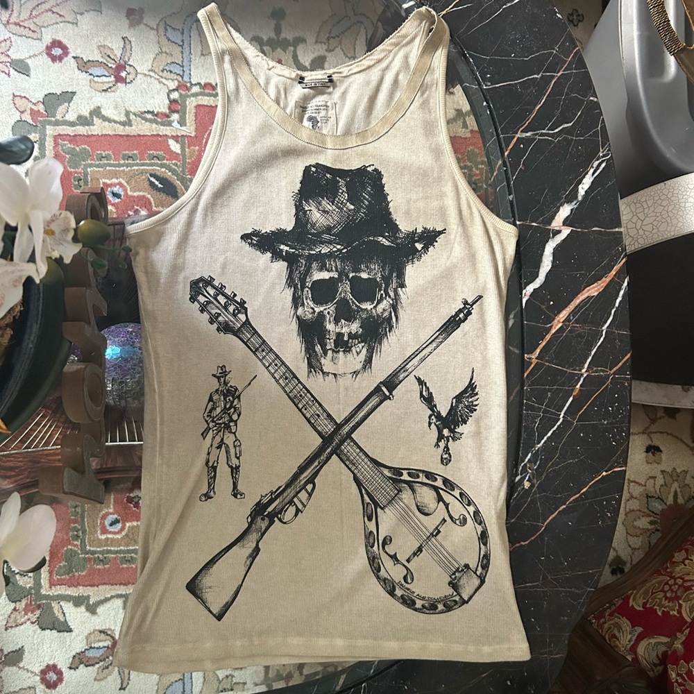 Beige Graphic Tank Top with Skull and Guitar Design-Daniele Alessandrini